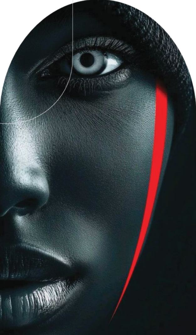 Retrato artístico em tons escuros com um traço vermelho, imagem da identidade da Navico