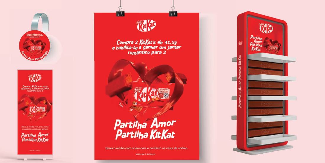 Campanha KitKat para o Dia dos Namorados com cartaz, roll-up e expositor