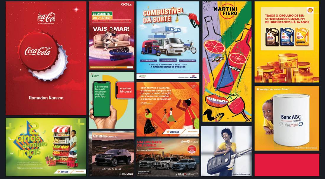 Mosaico de peças de social media para Coca-Cola, Engen, Access Bank, Shell e outras marcas