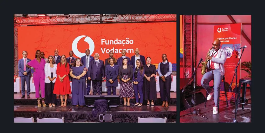 Evento da Fundação Vodacom com palco e convidados